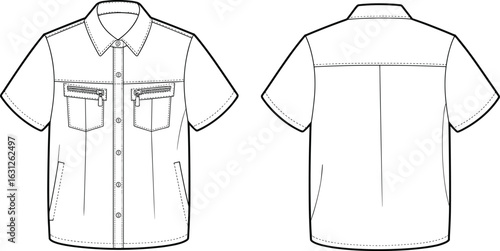 Short-sleeve button-up shirt front and back view, technical drawing, button placket, collar design, chest flap pockets, side pockets, shoulder yoke, center seam, garment sketch.