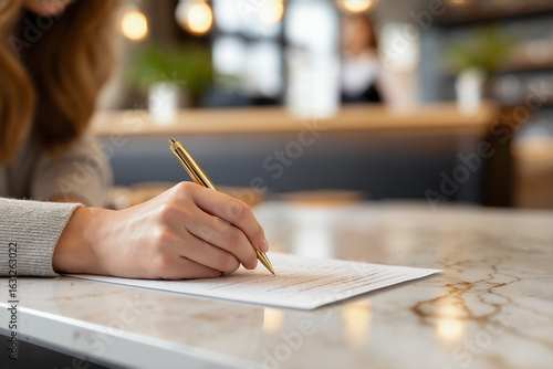 Wallpaper Mural a sophisticated woman's hand holding a golden pen, filling out a check-in form at a modern hotel reception desk, a blurred uniformed receptionist and warm ambient light in the background Torontodigital.ca