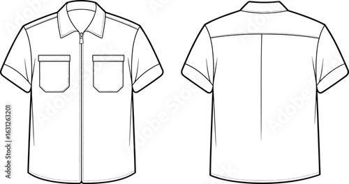 Short-sleeved shirt front and back view, technical drawing, zipper closure, chest pockets, collar design, stitching lines, seam placement, garment sketch, clothing template, fashion illustration.