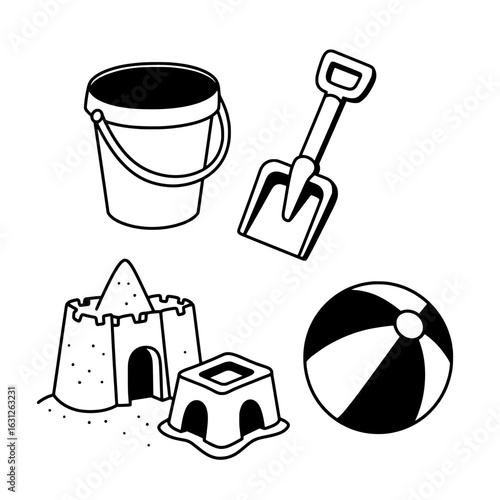 Beach Fun Essentials: A simple line drawing captures the essence of beachside bliss, featuring a bucket, spade, sandcastle, sand mold and beach ball, inviting viewers to imagine the sun, sand.