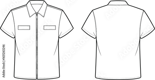 Short-sleeved shirt front and back view, technical drawing, zipper closure, chest pockets, collar design, stitching lines, seam placement, garment sketch, clothing template, fashion illustration.
