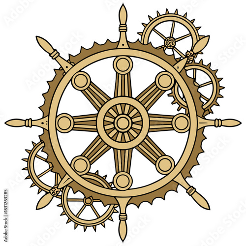 Intricate steampunk ship's helm with mechanical gears in a vintage mandala design