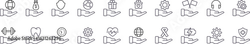 Collection of Icons of Globe, Business, Gear, Healthcare Drawn with Thin Line for Graphics, Cards, Web Sites, Apps