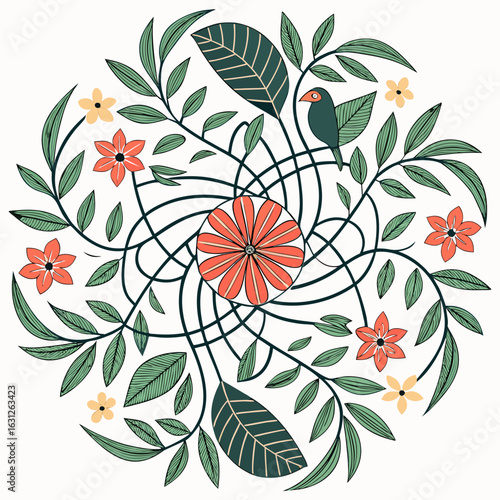 Exotic floral mandala with tropical jungle leaves, vibrant flowers, and a perched bird.