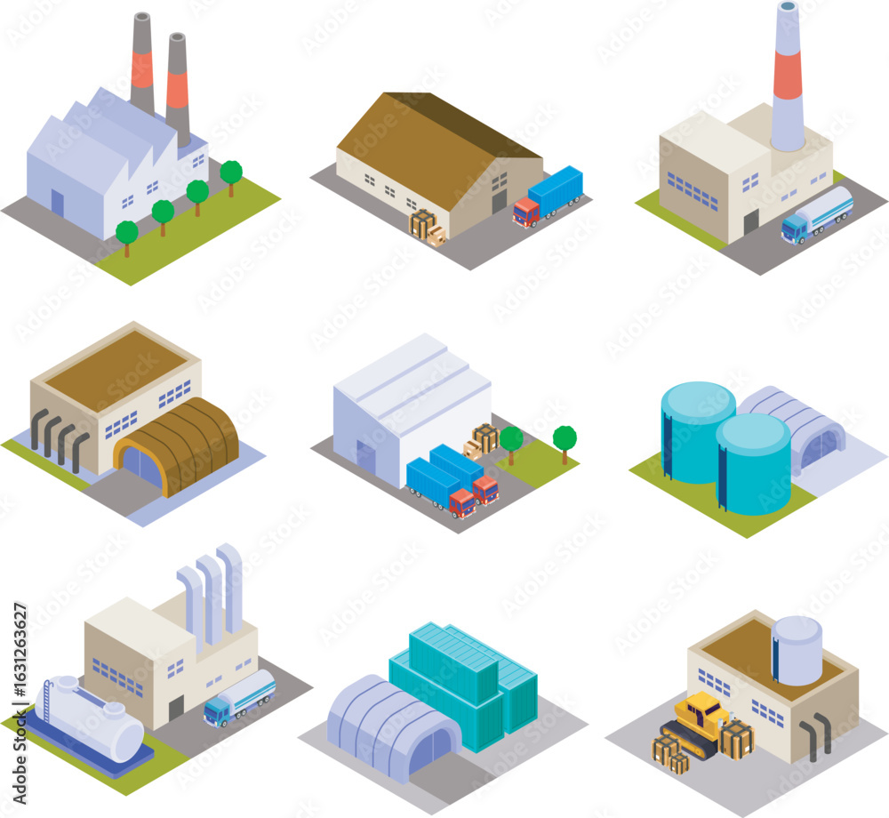 Fototapeta premium Factory Isometric Icons – Industrial Buildings and Warehouse Vector Set