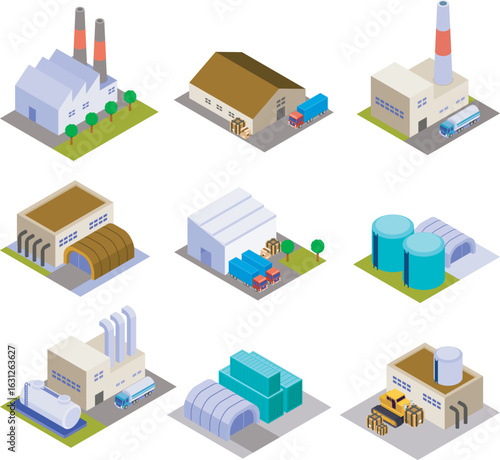 Factory Isometric Icons – Industrial Buildings and Warehouse Vector Set