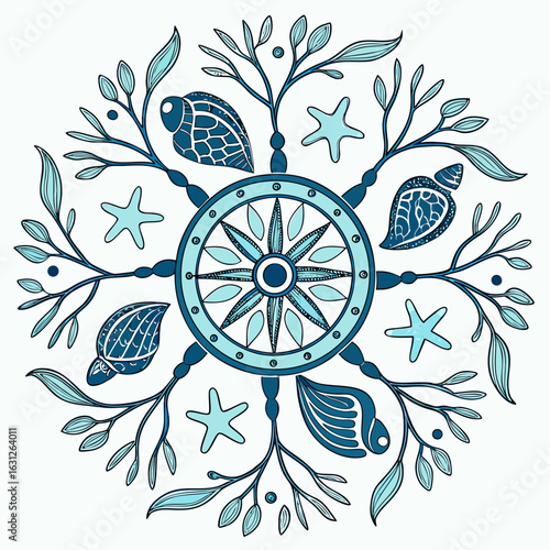 Ocean-themed mandala with a ship's wheel, seashells, starfish, and coral branches