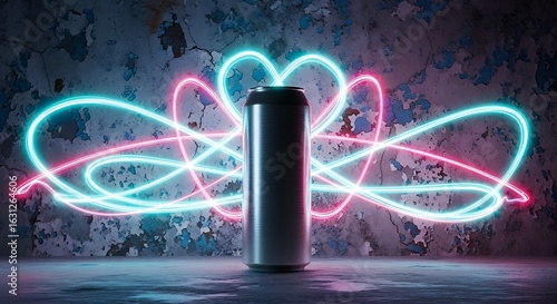 A sleek silver beverage can stands tall against a grunge wall illuminated by vibrant neon light trails creating abstract heart shapes and energetic swirls around the container