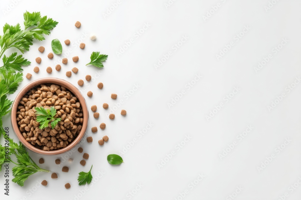 Bowl of dry dog food with parsley and scattered kibble on a white background, emphasizing pet nutrition and natural ingredients. Bowl of dry dog food with parsley and scattered kibble on a white background, emphasizing pet nutrition and natural ingredients.