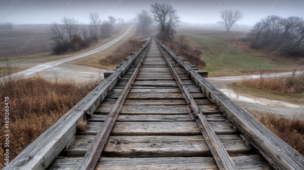 Obraz premium Wooden railway bridge through a misty countryside.