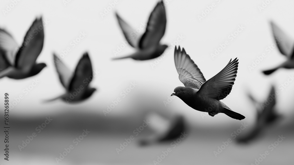 Obraz premium Black Bird Silhouettes in Flight Forming V-Shapes and Organic Swirling Formations on Isolated White Backdrop, bird silhouettes, flock flying formation, pigeon migration flight, black and white wildlif