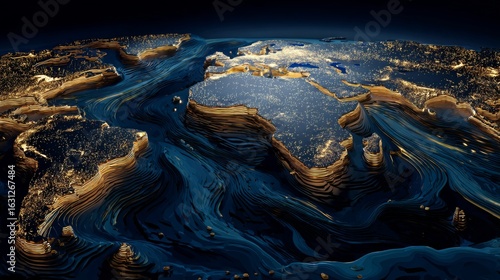 Majestic submerged continent map glowing with intricate golden tectonic lines under deep blue waters, evoking ancient geological mysteries and futuristic sci-fi exploration concepts. 