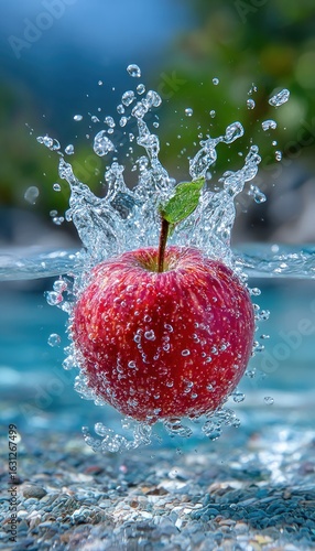 Red apple splashing in water