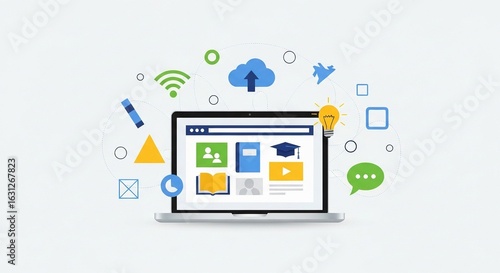 Modern laptop showcasing an e-learning platform surrounded by diverse digital technology and communication icons, representing online education and knowledge.