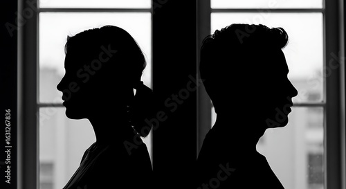 Silhouette of couple facing away from each other near window