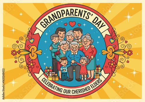 Cheerful grandparents day celebration graphic with family, children, and gifts, a warm embrace of love and appreciation for cherished elders everywhere