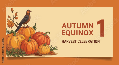 Celebrate the Autumn Equinox harvest with vibrant pumpkins, falling leaves, and a robin perched gracefully, signaling the cozy season of abundance and change.
