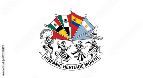 Celebrate Hispanic Heritage Month with vibrant cultural traditions, dancing figures, and national flags showcasing pride and unity.