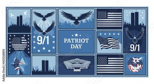 Patriot Day remembrance with American flags, the Pentagon, eagles, and the Twin Towers in a national tribute for solemn and respectful moments