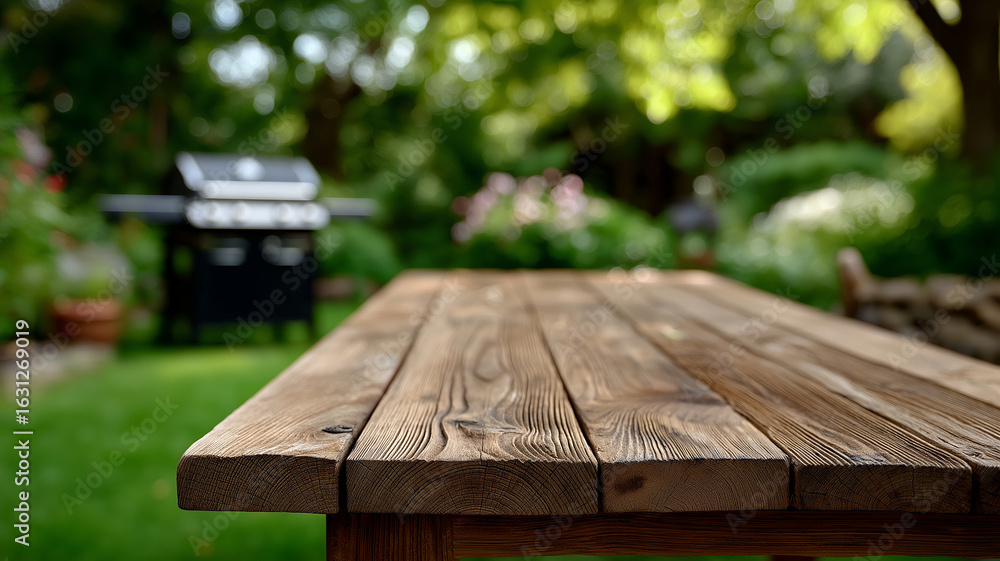 Fototapeta premium Rustic Wooden Table in Front of Backyard Grass and Trees with Charcoal Gas BBQ Grill in Distance, Ideal for Summer Party and Outdoor Cooking Themes, outdoor barbecue background, picnic table mockup, 