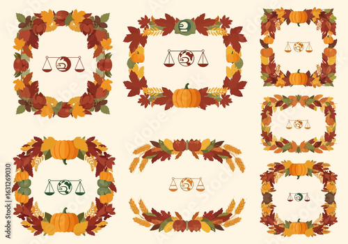 Autumnal equinox vector design featuring pumpkins, leaves, and scales of justice, perfect for harvest season celebrations and symbolic representations