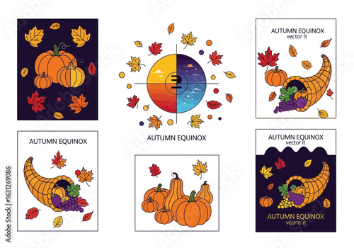 Celebrate the Autumn Equinox with Pumpkins, Leaves, and Abundance: Harvest Graphics for Fall Festivals and Seasonal Greetings, originally vector art