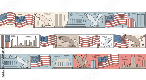 Honor America's spirit with iconic symbols like the flag, soaring eagle, skyline, and memorial, evoking patriotism and remembrance for national pride.