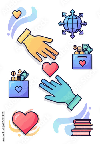 Generous hands exchange hearts and donations symbolizing global charity and community support, spreading kindness worldwide.