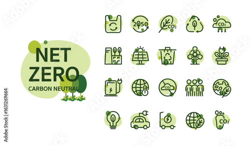Net zero and carbon neutral concept. Net zero greenhouse gas emissions target. Climate neutral long term strategy with green net zero icons. Environment web banner with green icon line isolated.