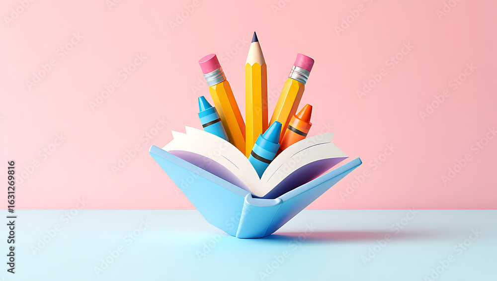 Fototapeta premium 3d school supply drive pencils and crayons in an open book