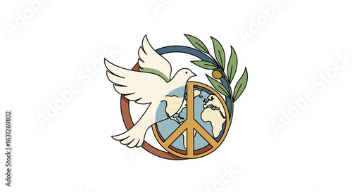 Symbolizing global harmony, a dove carries an olive branch across a planet Earth embraced by a peace sign, conveying unity and hopeful futures.