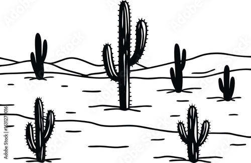 "Cactus Field in Desert — Hand Drawn Line Art Illustration"