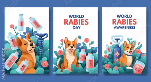 Adorable dogs championing World Rabies Day awareness with veterinary care symbols and vibrant floral elements