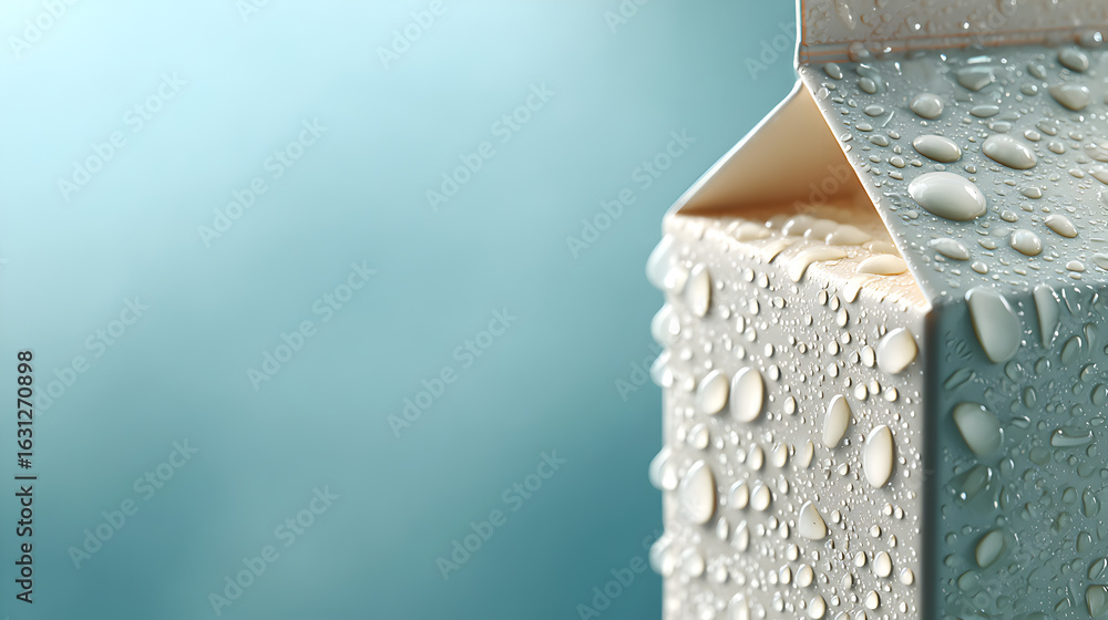 Fototapeta premium close-up shot of a carton covered in water drops, with a blurred turquoise background, the image create freshness 