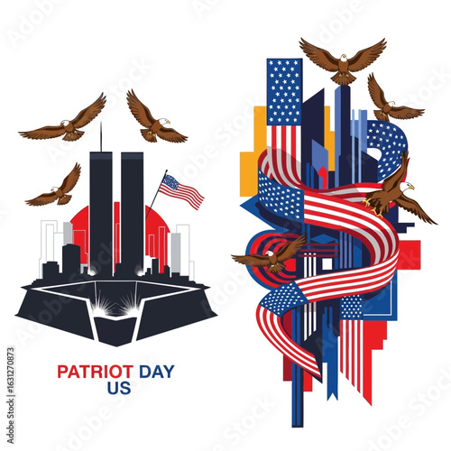 Honoring Patriot Day with soaring eagles, American flags, and iconic city skylines, a powerful tribute to remembrance and resilience.