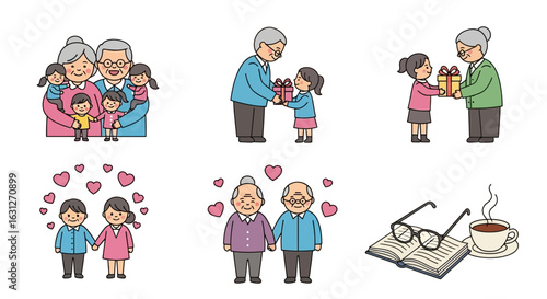 Cherish family moments with heartwarming scenes of grandparents bonding with grandchildren and elderly couples sharing love and quiet joys.