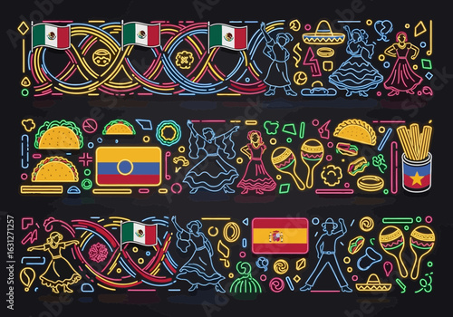 Vibrant Latin cultural celebration with dancing figures, iconic foods, and national flags creating a festive and dynamic visual experience.