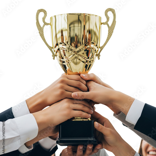 group of people holding a trophy together on Isolated transparent background png. generated with AI