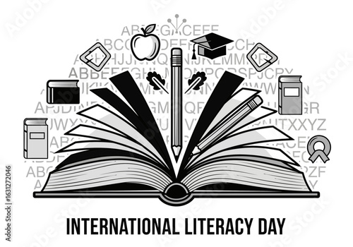 International Literacy Day illustration concept with an open book, pencil, and education icons like a graduation cap and apple.