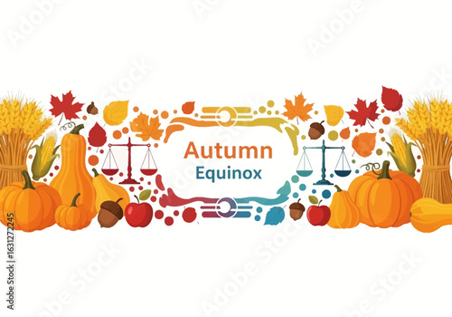 Celebrate the Autumn Equinox with vibrant pumpkins, leaves, scales, and harvest elements, perfect for seasonal designs and fall promotions