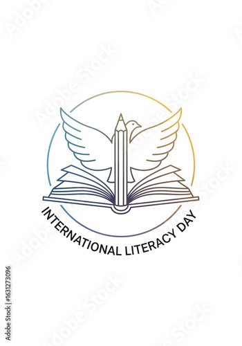 International Literacy Day concept logo with a pencil forming a dove over an open book. Line art illustration for education and learning.