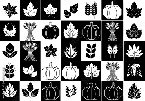 A diverse collection of black and white autumn icons featuring minimalist pumpkins, leaves, and wheat sheaves for graphic design.