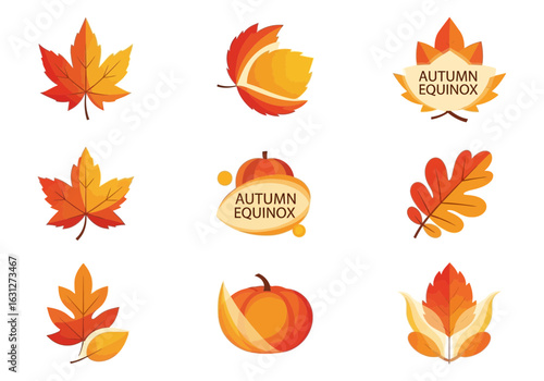 A collection of stylized autumn equinox icons featuring maple leaves, oak leaves, and pumpkins for seasonal design.