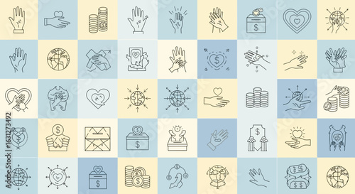 Charity and donation line icon set. Vector symbols for fundraising, financial support, volunteering, and giving.