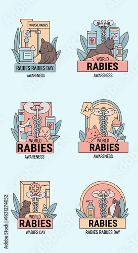 Set of illustrations for World Rabies Day awareness campaign. Vector emblems with animals and medical symbols for public health.