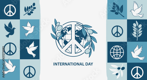 A banner illustration for an international day, featuring a peace sign with a globe, doves, and olive branches.