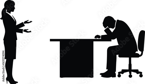 Silhouette of workplace conflict, stressed employee at desk, colleague explaining, office tension, mental health, burnout, communication, teamwork, pressure