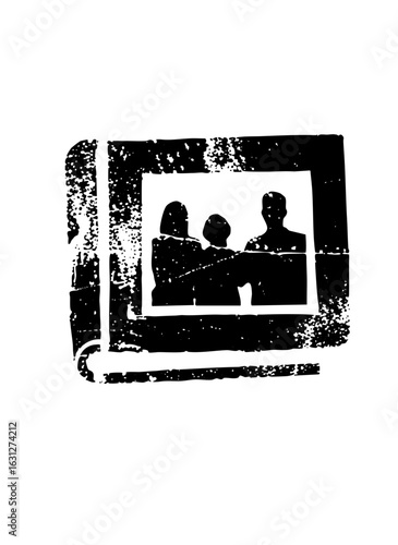 Vector Silhouetted figures discuss around a rectangular table depicted as a distressed vector .