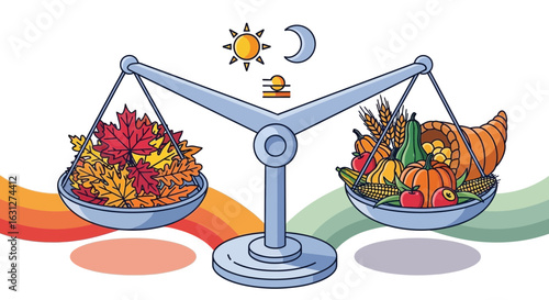 Illustration of the autumnal equinox with scales balancing colorful fall leaves and a harvest bounty, symbolizing the changing seasons.
