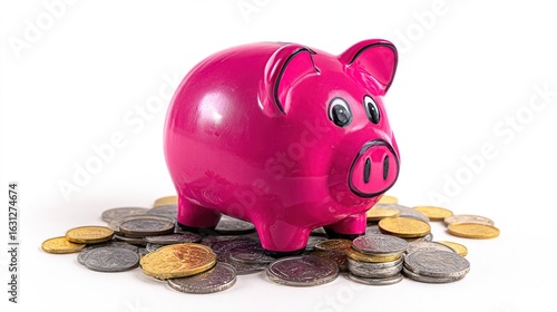 Pink piggy bank on coins against white background, saving money for the future